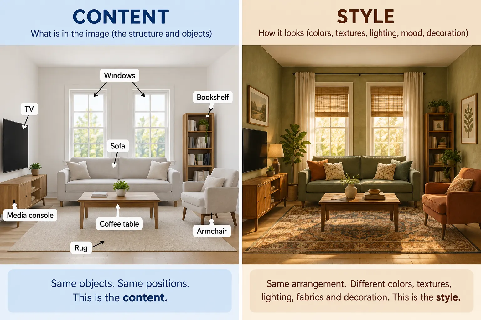 Simple analogy explaining content and style in neural style transfer