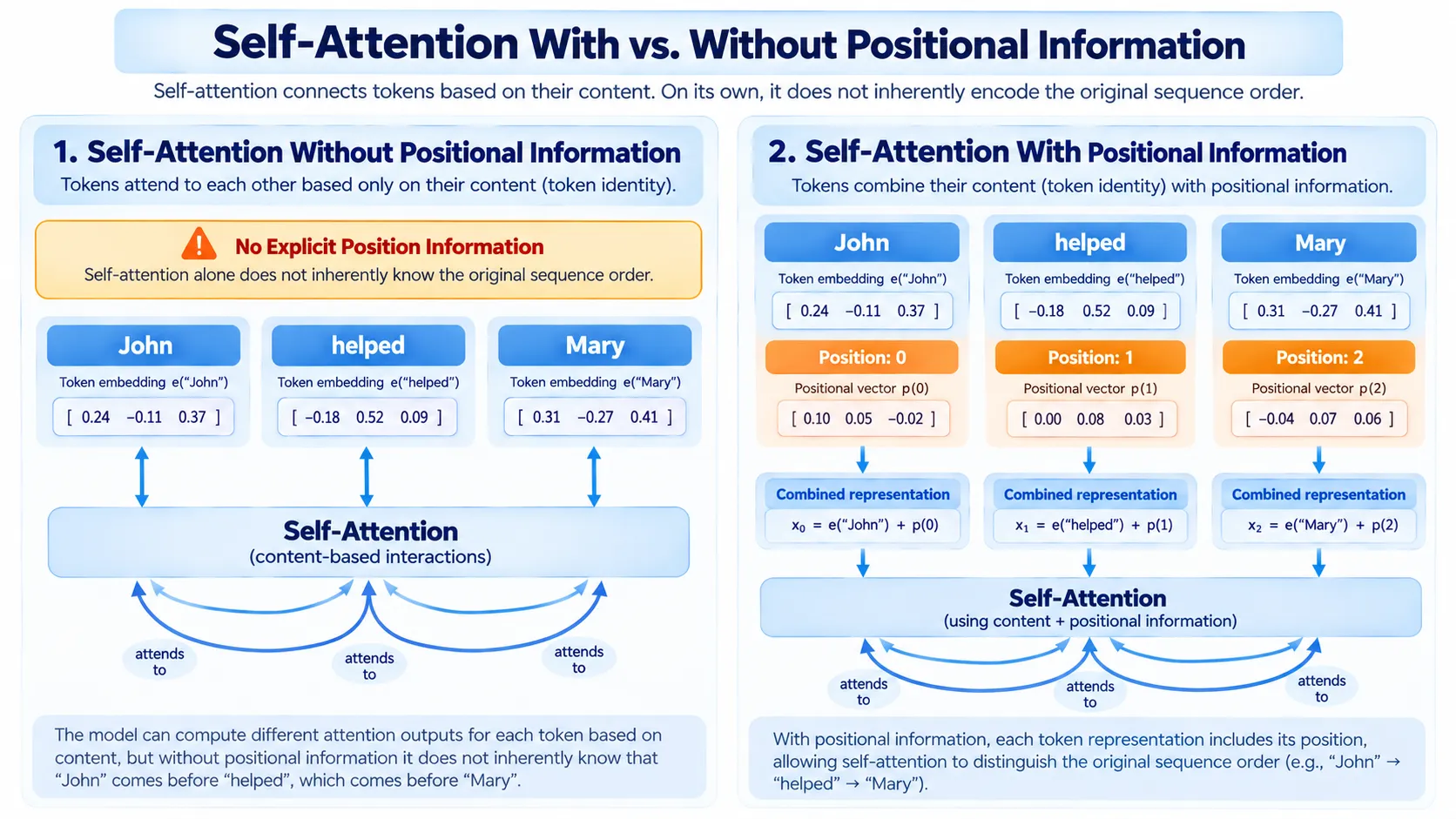 Comparison of Transformer self-attention with and without positional information for understanding word order