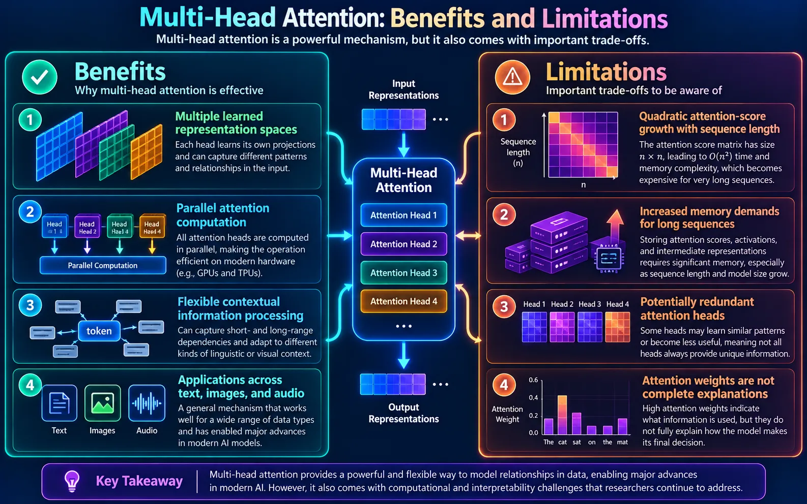 Benefits and limitations of multi-head attention, including parallel processing, contextual representations