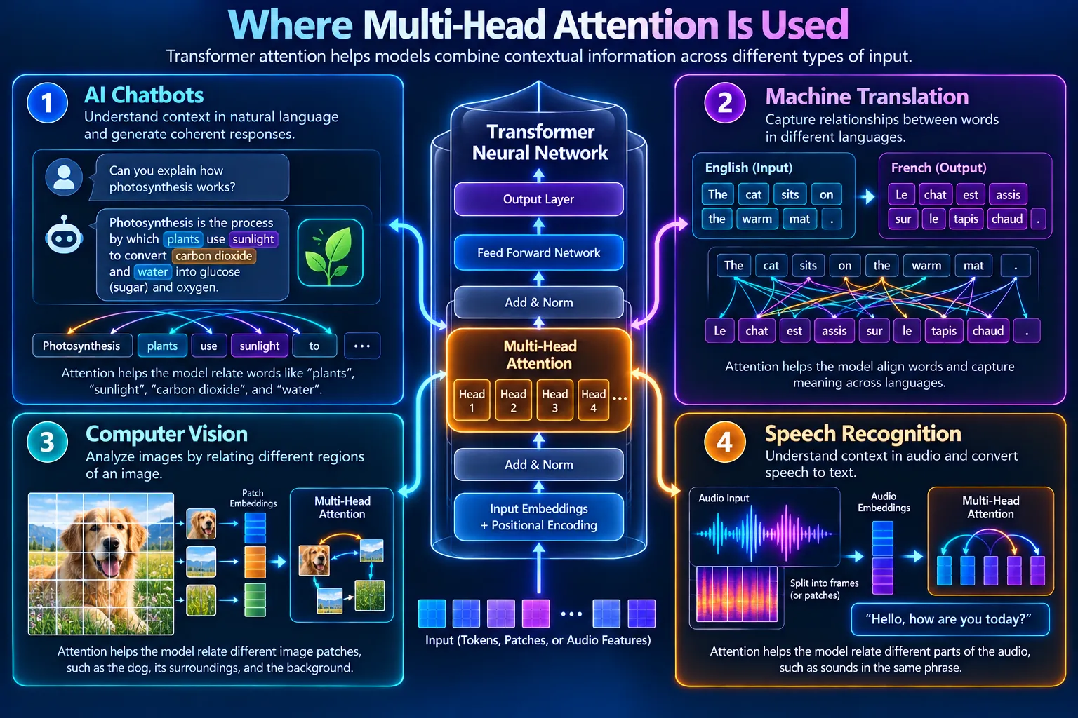 Real-world applications of multi-head attention in AI chatbots, language translation, computer vision, and speech recognition