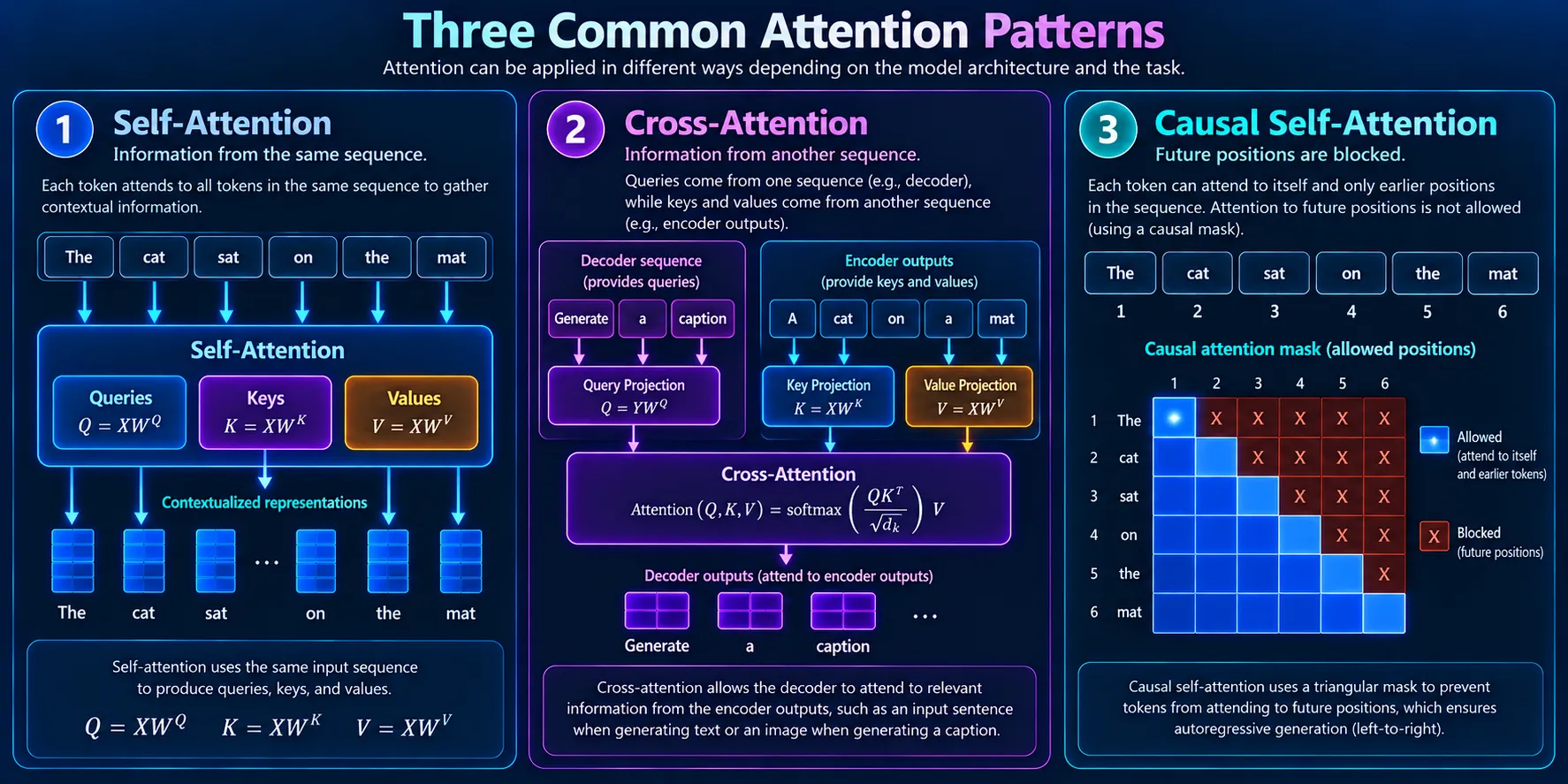 Comparison of self-attention, cross-attention, and causal masking in Transformer neural networks.