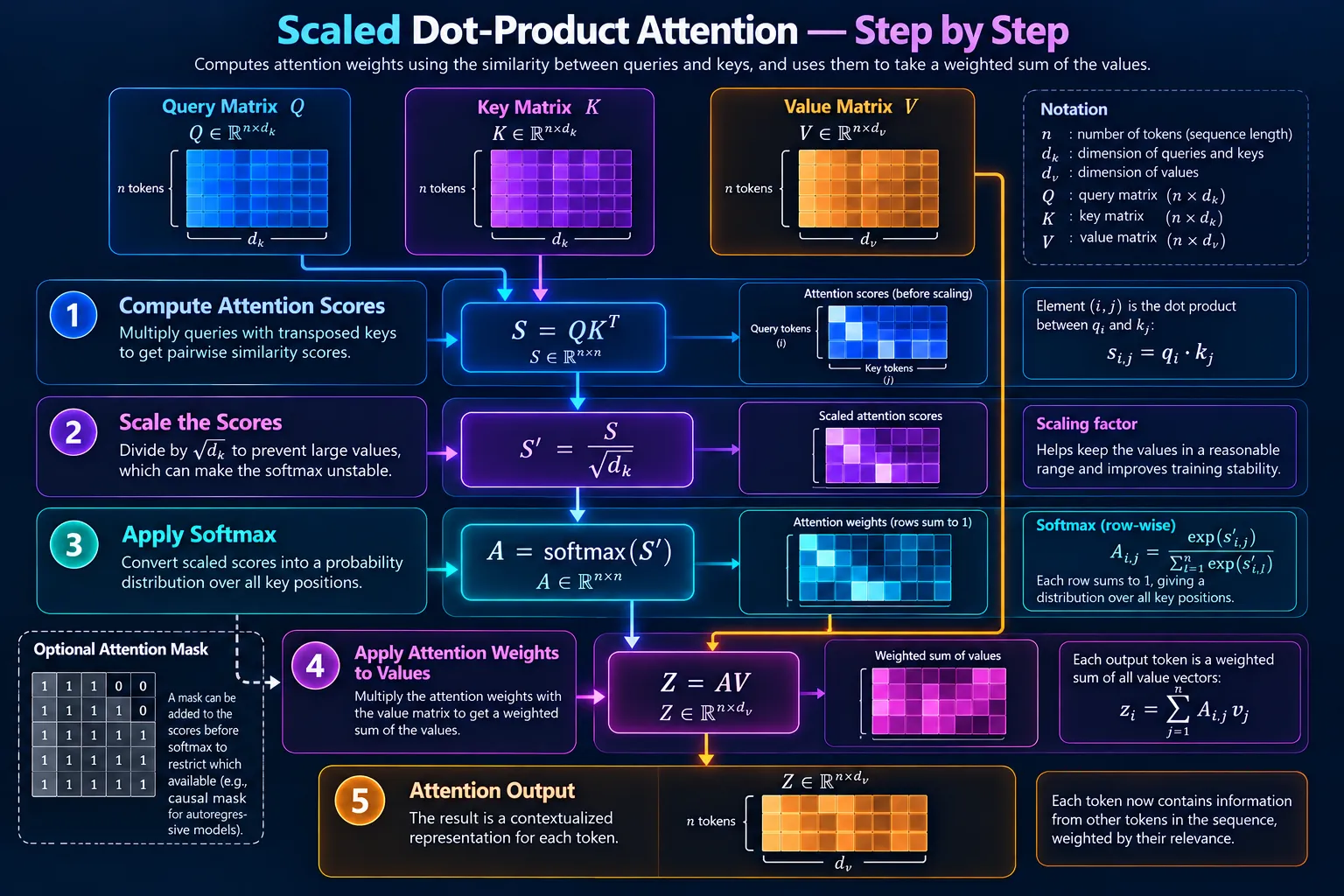 Scaled dot-product attention flowchart showing QK transpose multiplication, scaling, softmax, and weighted Value calculation.