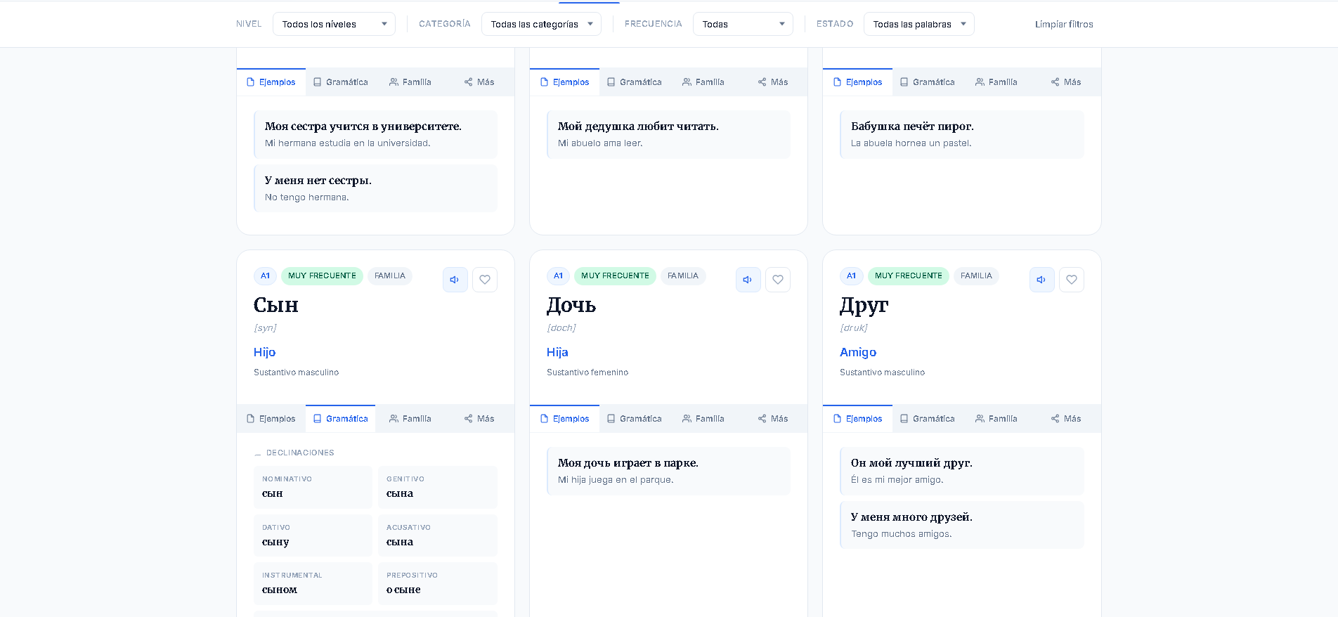 Interfaz de GoRusky mostrando la plataforma de aprendizaje de ruso con cursos y juegos interactivos