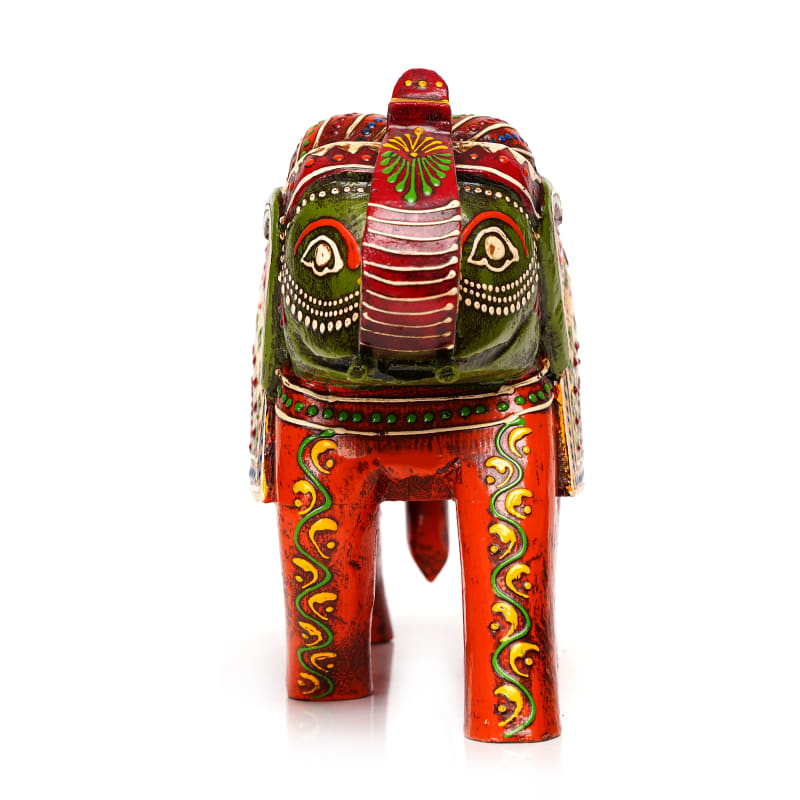 Channapatna Folk Elephant — Orange & Green (Up-Tusk; 6")