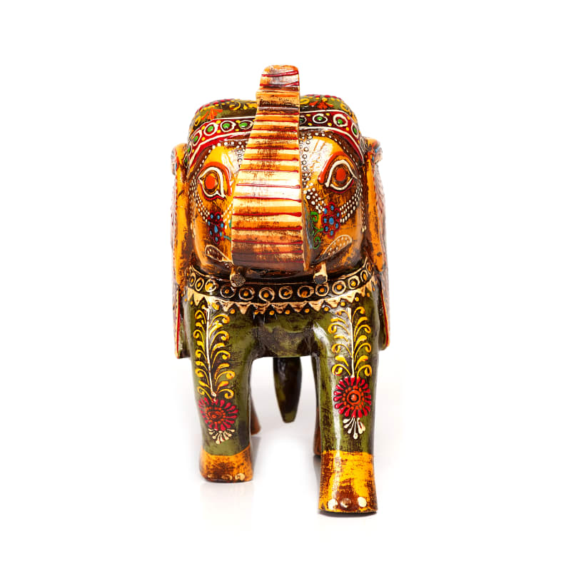 Channapatna Folk Elephant — Yellow & Olive (Up-Tusk; 8")