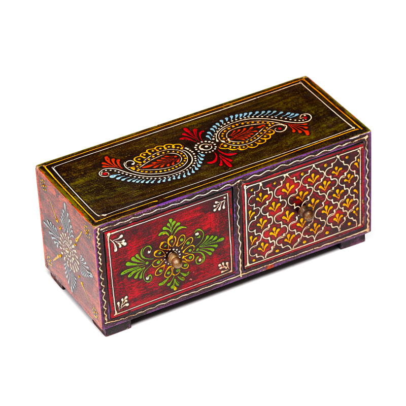 Hand-Painted Jewelry Box — Olive Top; Red Drawers