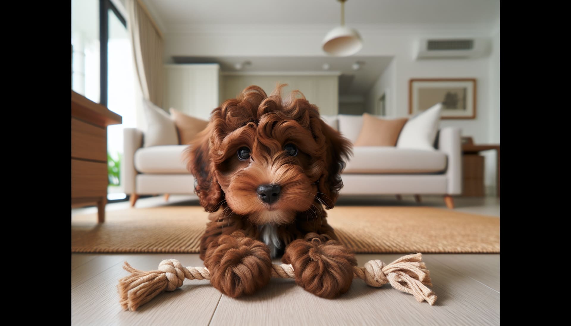 Chocolate Cavapoo puppy playing with rope chew toy — grooming and daily care in Singapore's humid climate