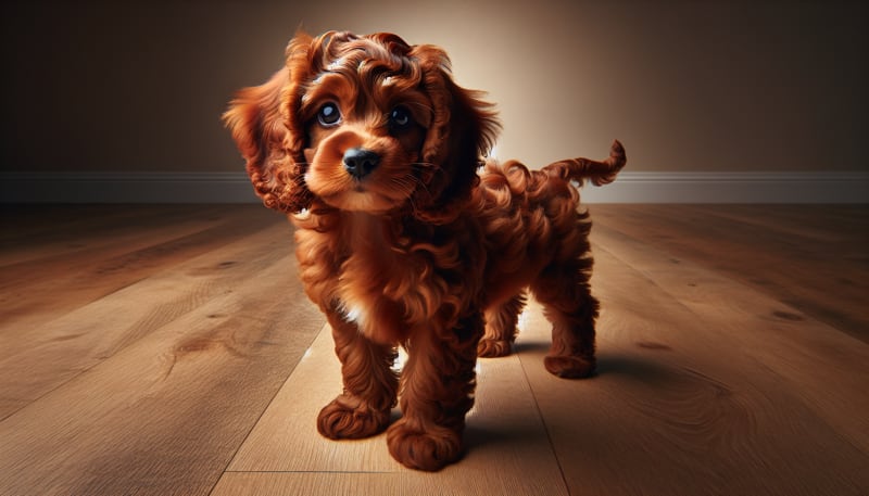 Ruby red F1b Cavapoo puppy with tight curls standing on ash floor — hypoallergenic non-shedding puppy Singapore