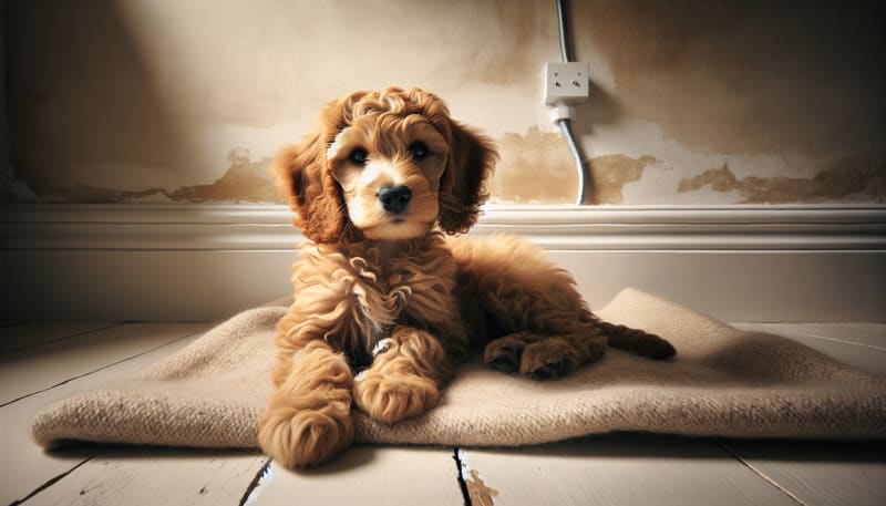 Golden Cavapoo puppy with dense curly coat lying on blanket — allergy-friendly companion dog Singapore
