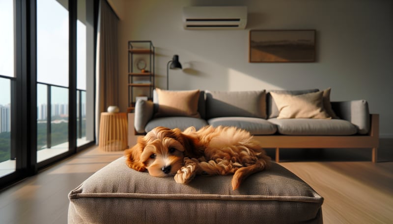 Apricot Cavapoo puppy curled on grey sofa cushion in Singapore living room — cosy apartment companion