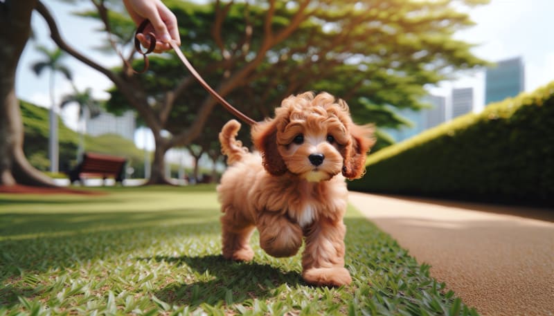 Cream Cavapoo puppy sitting on velvet cushion in Singapore living room — ideal apartment dog for HDB flat