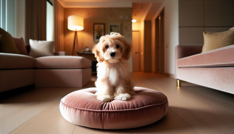 Ruby Cavapoo puppy walking on grass path in Singapore park with dappled morning sunlight — imported puppy acclimatised to local climate