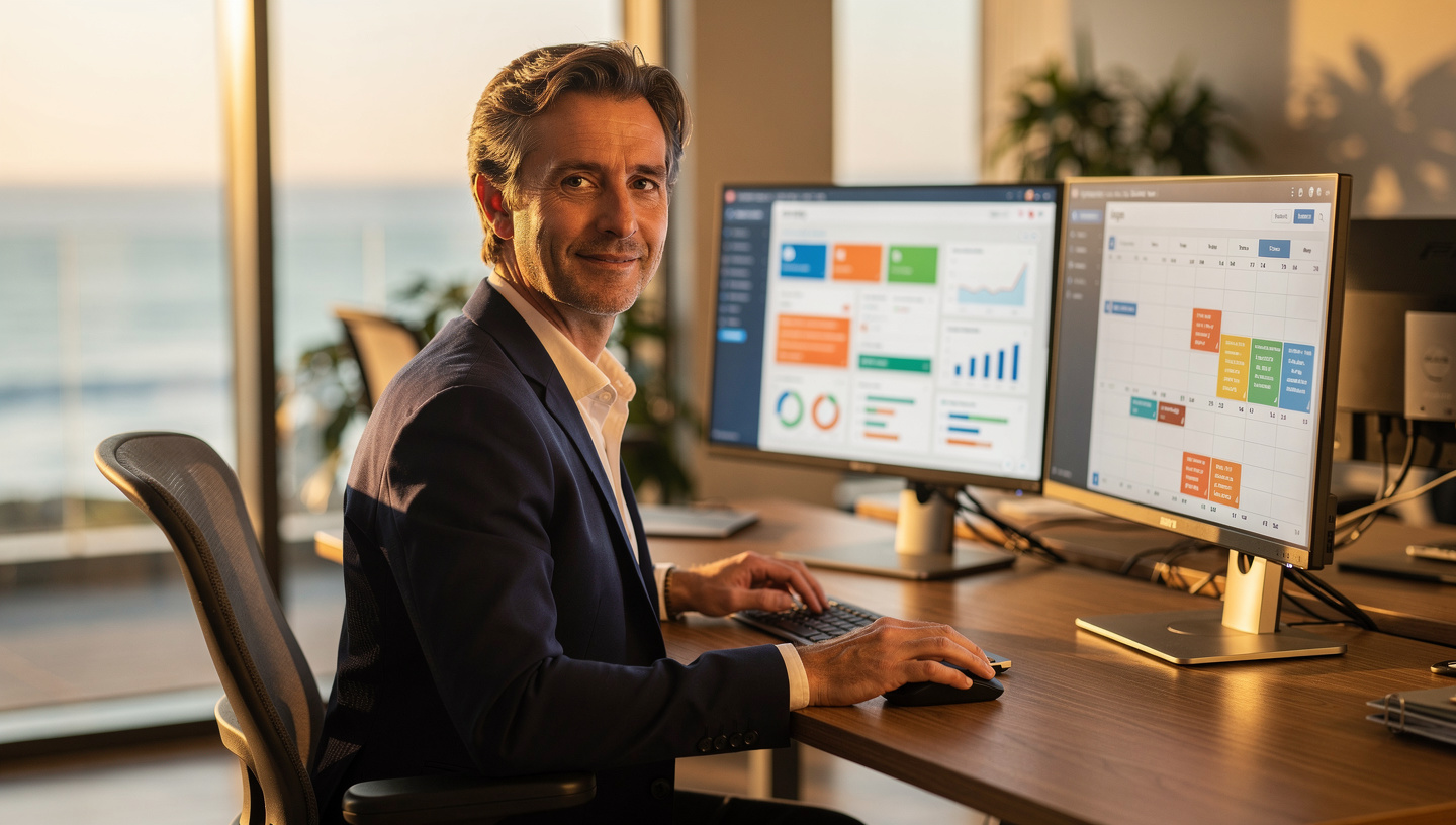 Brent Ragan working at a multi-monitor desk setup, AI Marketing Partner