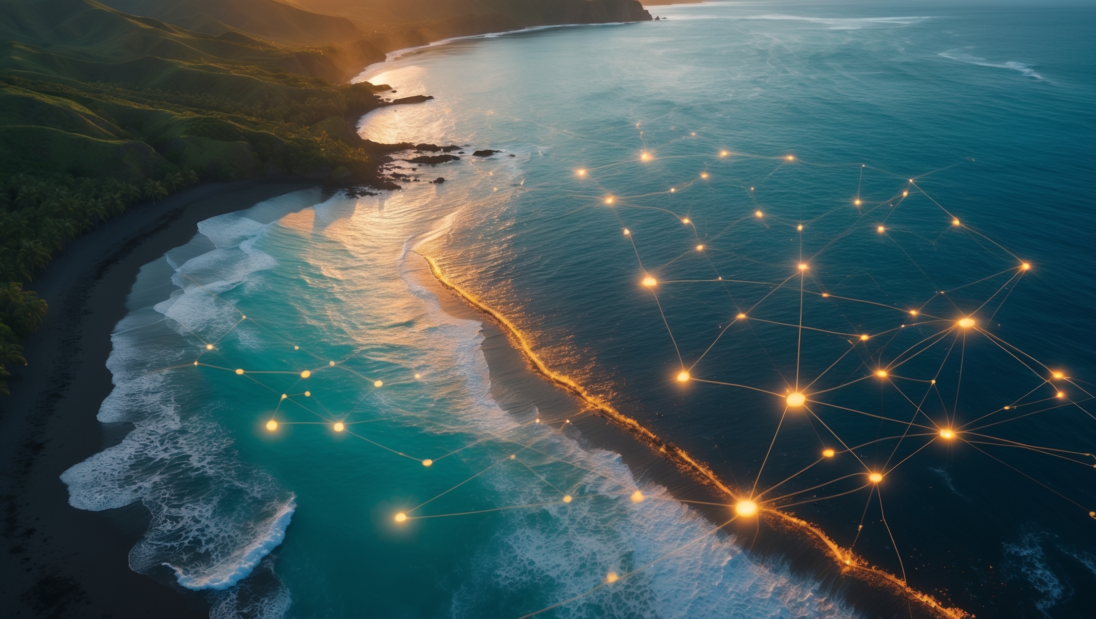 Aerial Hawaii coastline overlaid with a glowing network graphic, representing how AI maps and connects business information