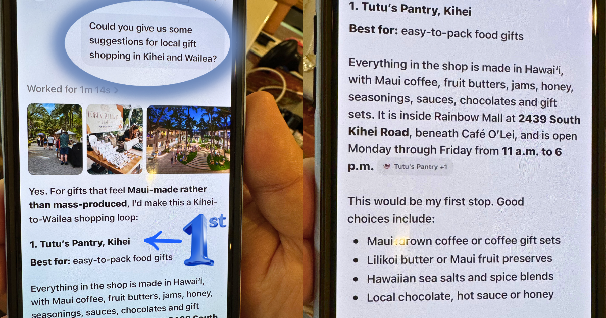 ChatGPT ranking Tutu's Pantry #1 for Maui gift shopping, with product recommendations shown alongside