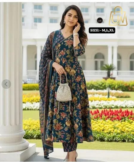 Royal Collection Surat Embroidered Premium Cotton Flaired Kurta Set with Pant & Malmal Dupatta