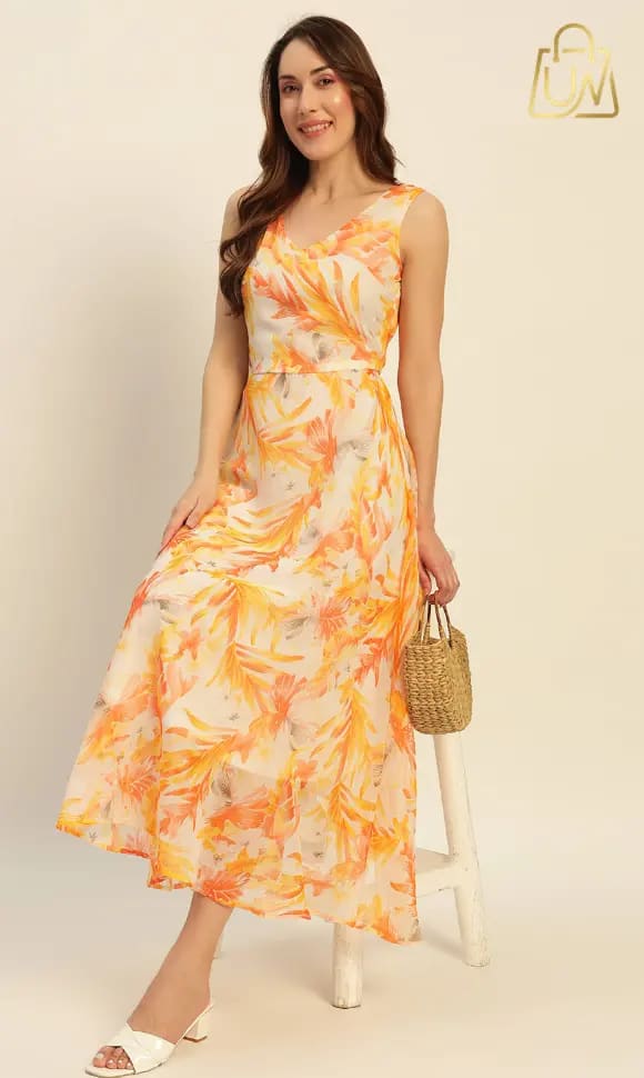 Mast & Harbour Orange Floral Print Georgette A-Line Maxi Dress