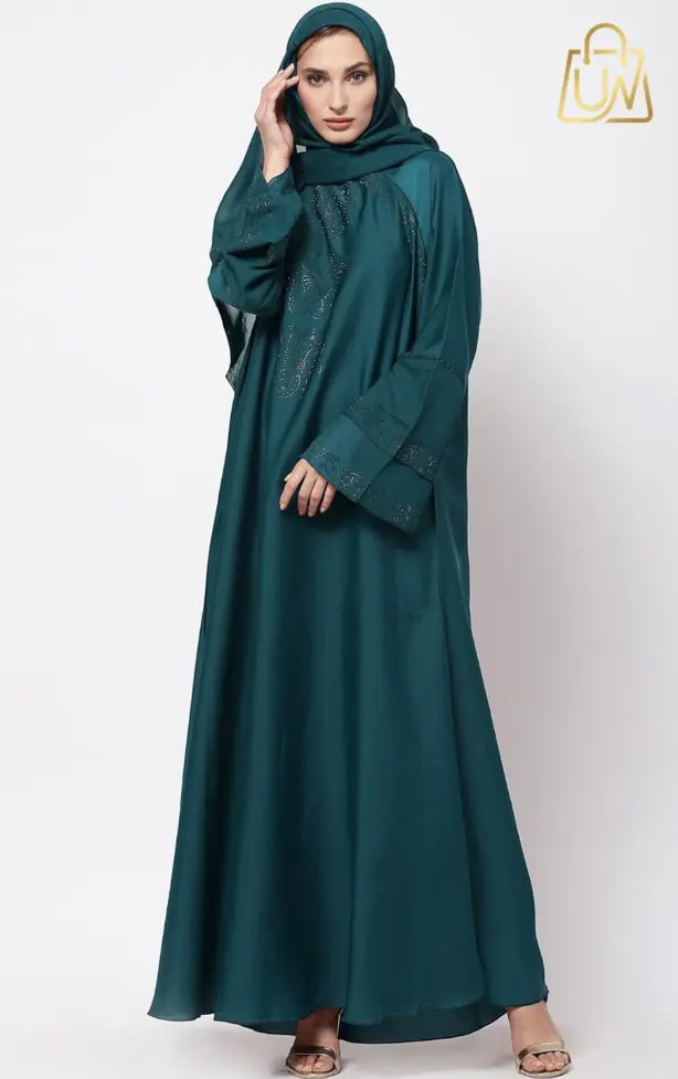 KLOTTHE TURQUOISE BLUE EMBELLISHED ABAYA BURQA WITH HIJAB