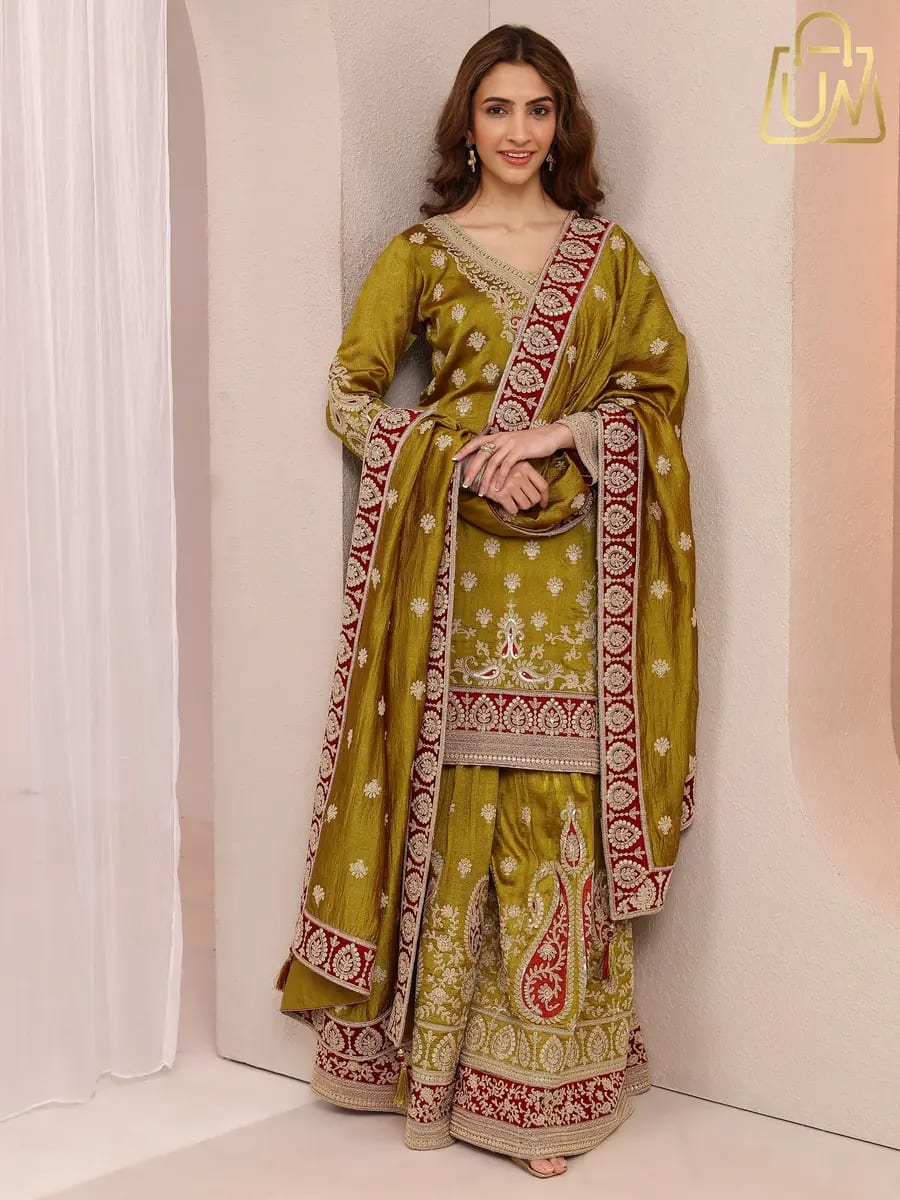 Libas Art Olive Embroidered Chinon Straight Suit Set With Dupatta | 46% Off Luxury Festive Wear