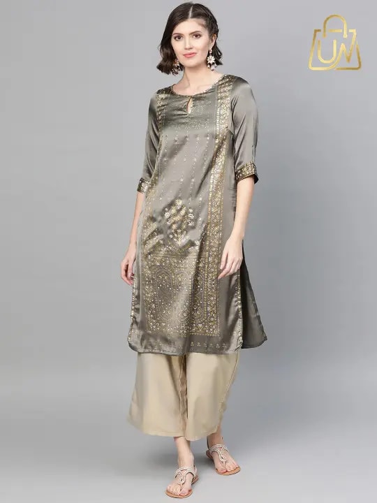 W Women Charcoal Satin Finish Floral Print Straight Kurta