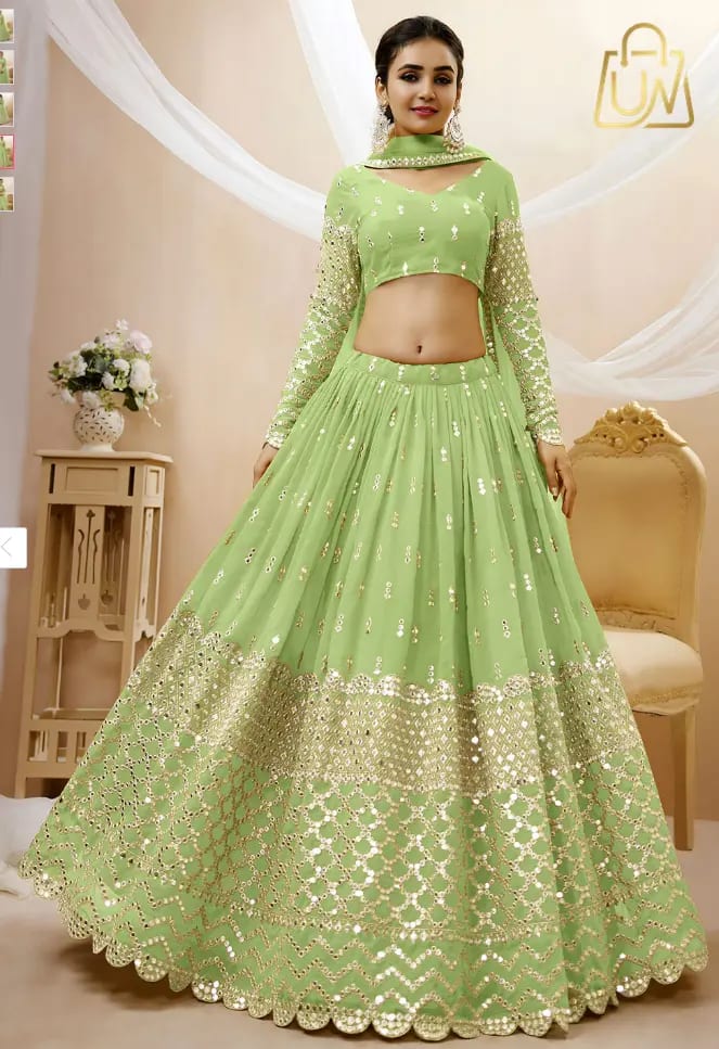 FABPIXEL Embroidered Mirror Work Semi-Stitched Lehenga Choli With Dupatta – Flat 52% OFF