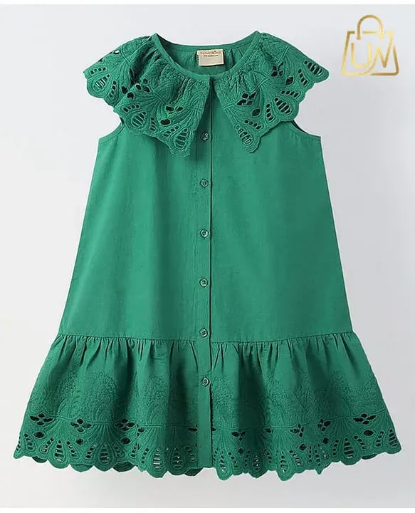 Spunkies Cotton Knit Cap Sleeves Schiffli Embroidered Dress – Green