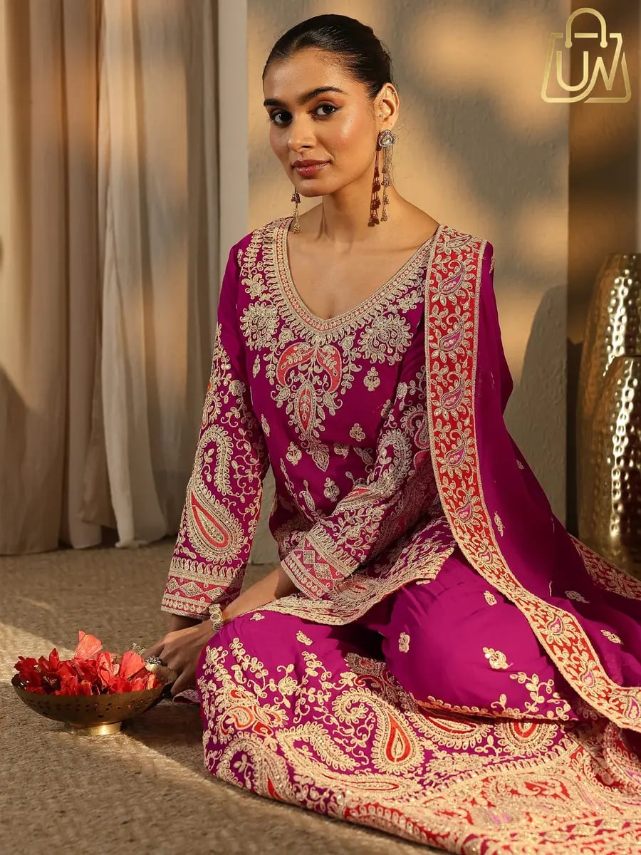 Libas Art Paisley Embroidered Georgette Straight Suit Set with Dupatta