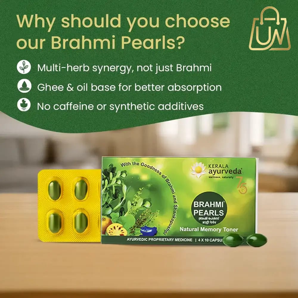 Kerala Ayurveda Brahmi Pearls – याददाश्त और एकाग्रता के लिए प्राकृतिक ब्रेन टॉनिक (40 कैप्सूल)