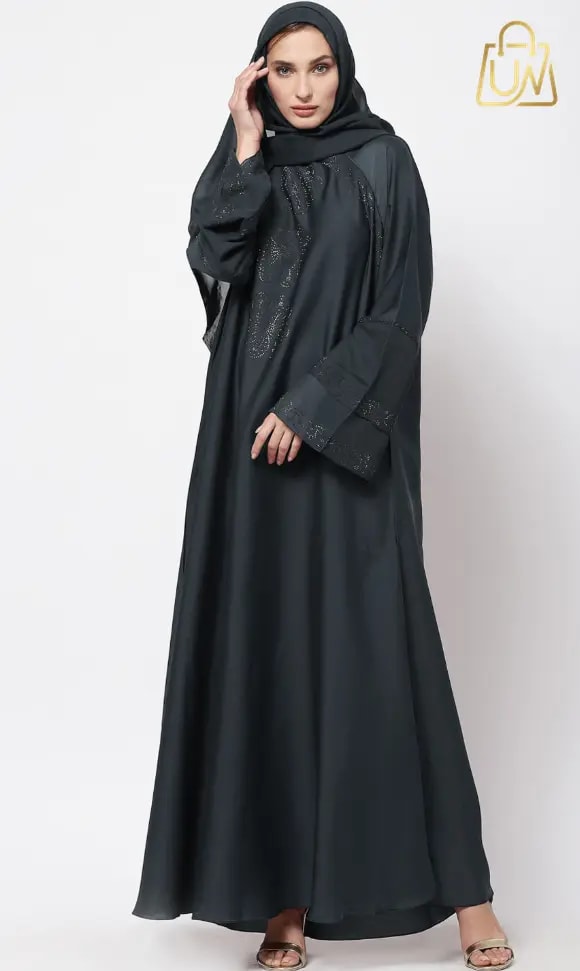 KLOTTHE TURQUOISE BLUE EMBELLISHED ABAYA BURQA WITH HIJAB