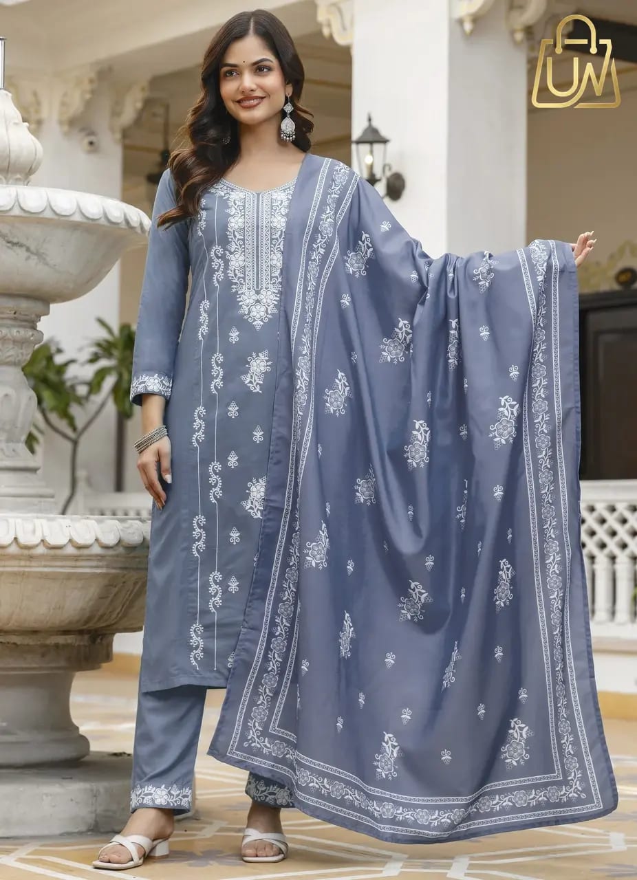 Elegant Rayon Blend Calf-Length Kurta Set with Poly Chiffon Dupatta (3-Piece Suite)