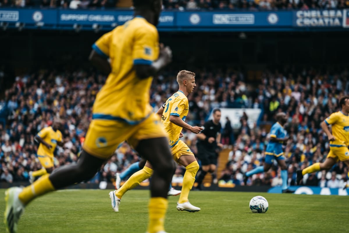 Oleksandr Zinchenko on the ball during the Game4Ukraine charity match at Stamford Bridge, London, 5 August 2023.