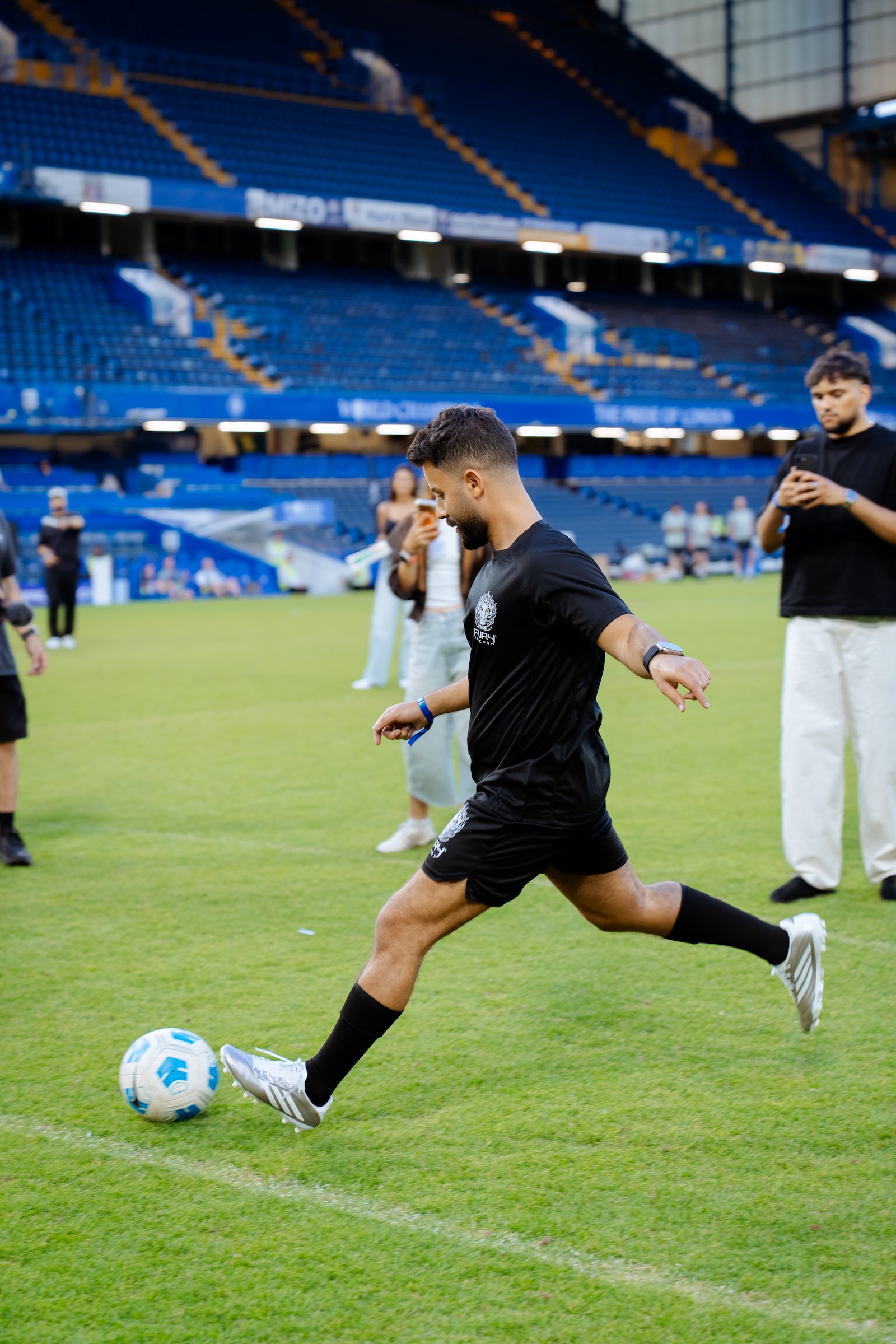 Aziz El Akkaad taking a shot on goal during the Fury Energy shoot at Stamford Bridge
