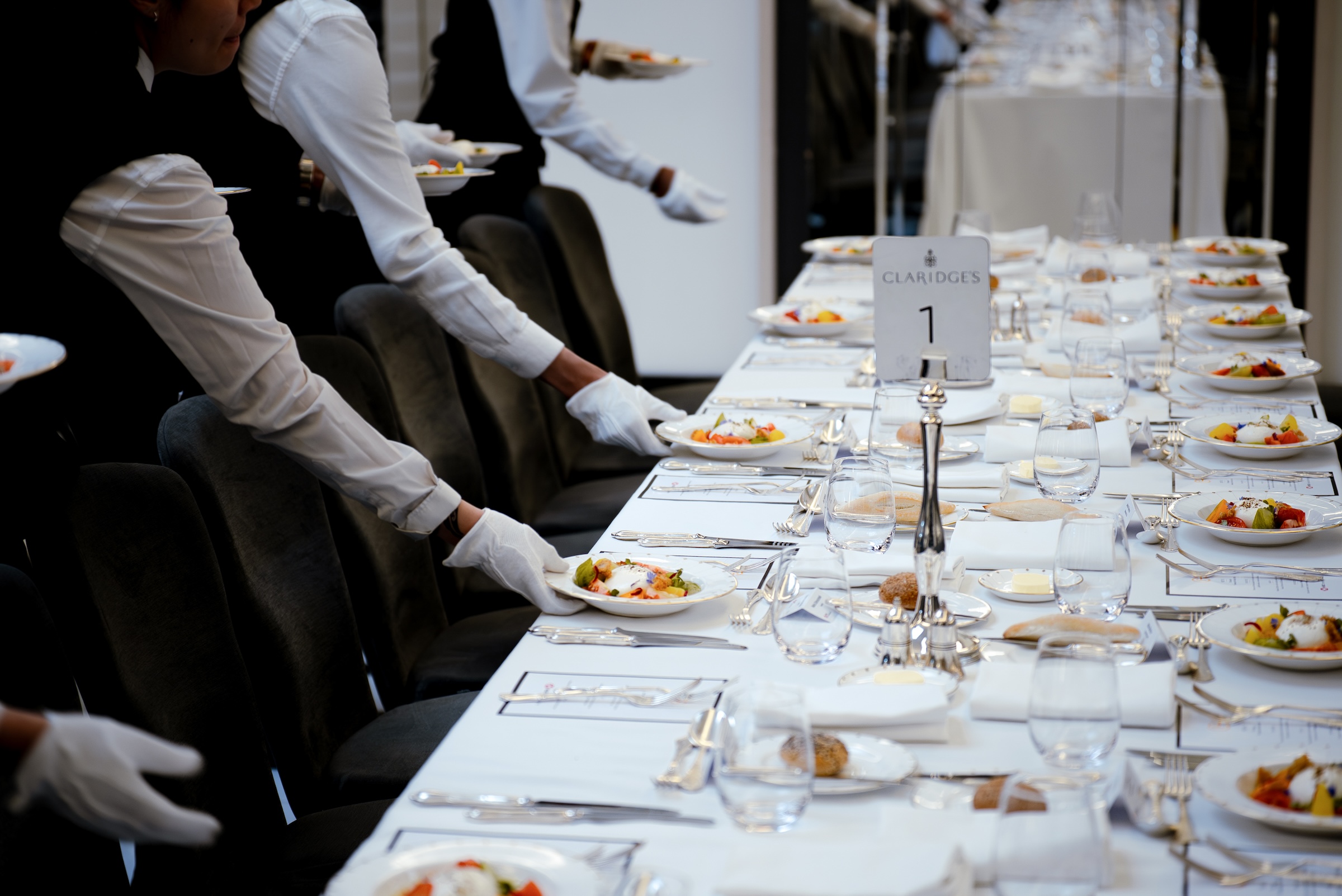 Fine dining table service at Claridge's, London, during a Fast Growth Icons event, photographed by We Stream