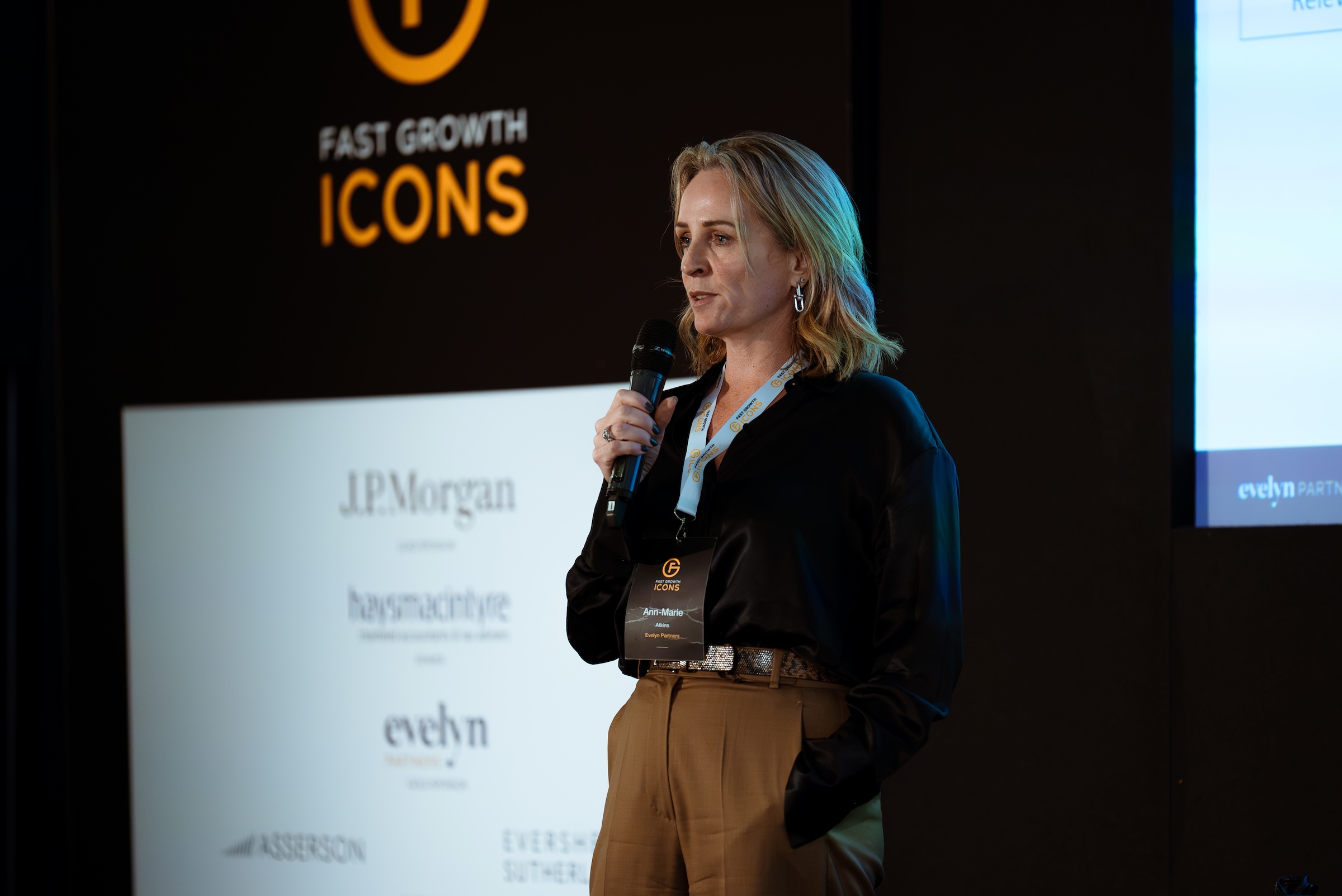 Evelyn Partners speaker presenting at a Fast Growth Icons event, photographed by We Stream