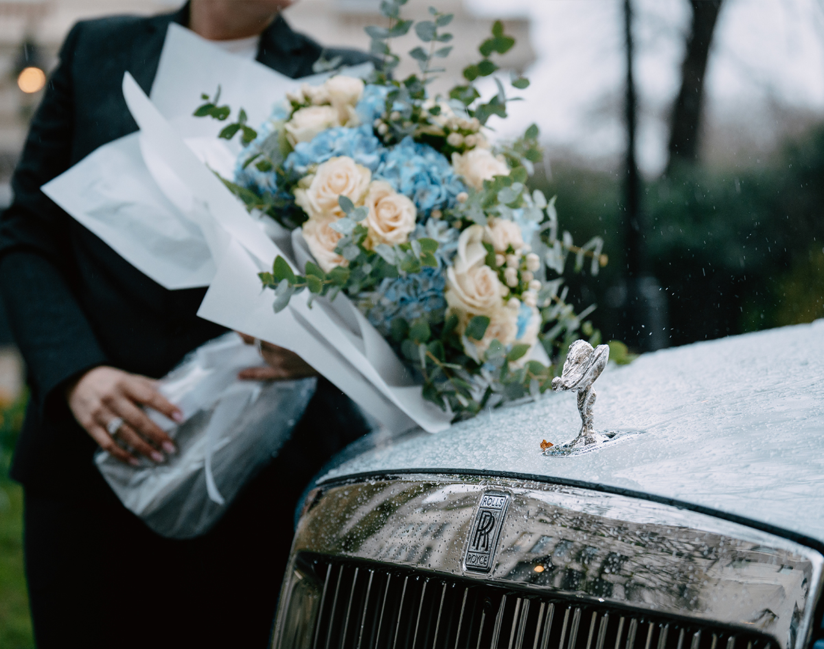 Rolls-Royce and bouquet of flowers for a Mother's Day campaign by London Luxury Chauffeuring, shot by We Stream