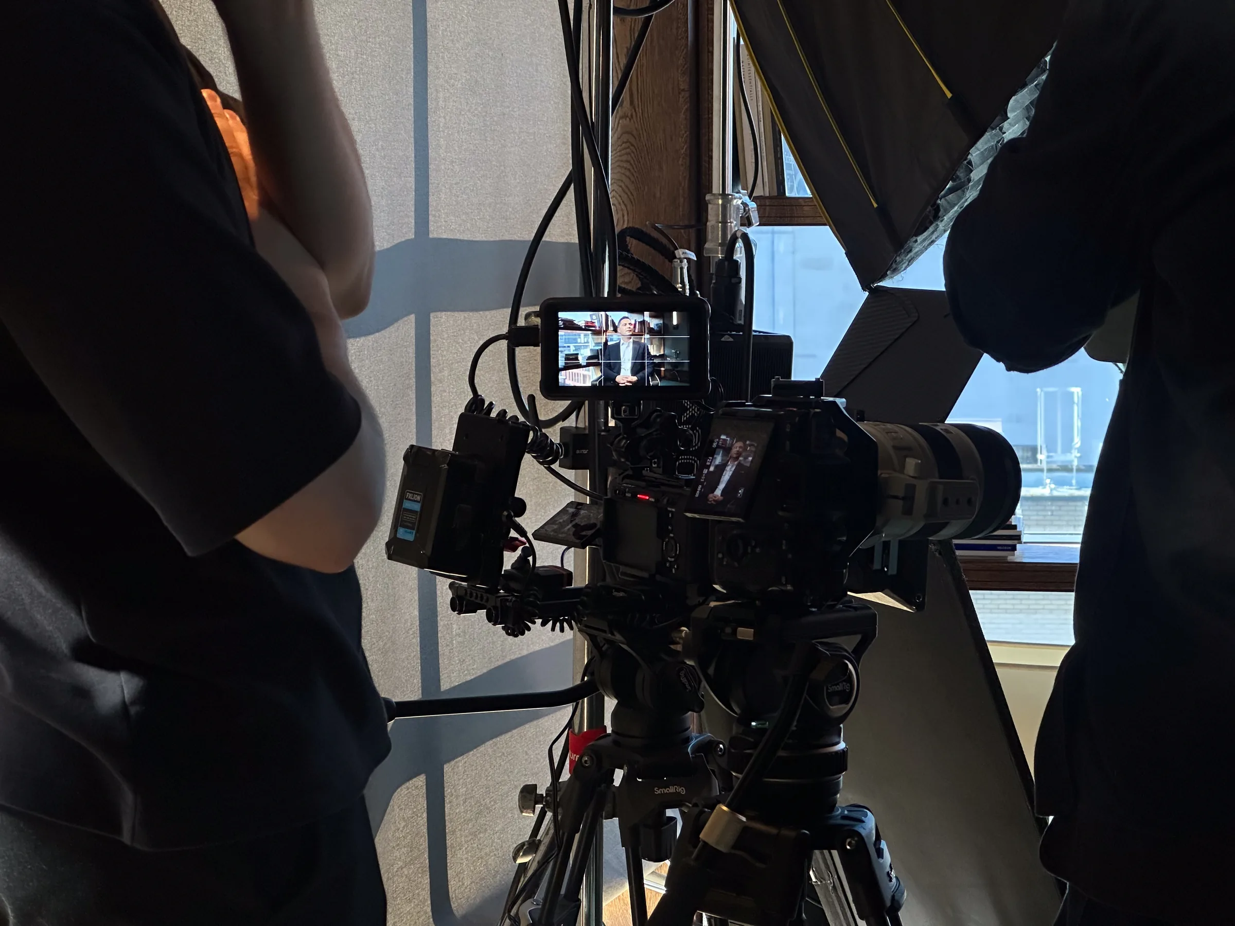 A built camera rig with a monitor, ready to roll
