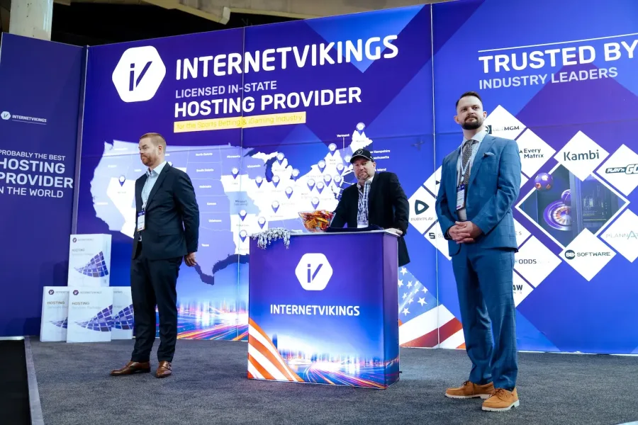 Internet Vikings stand with its licensed hosting provider wall at ICE Barcelona 2026