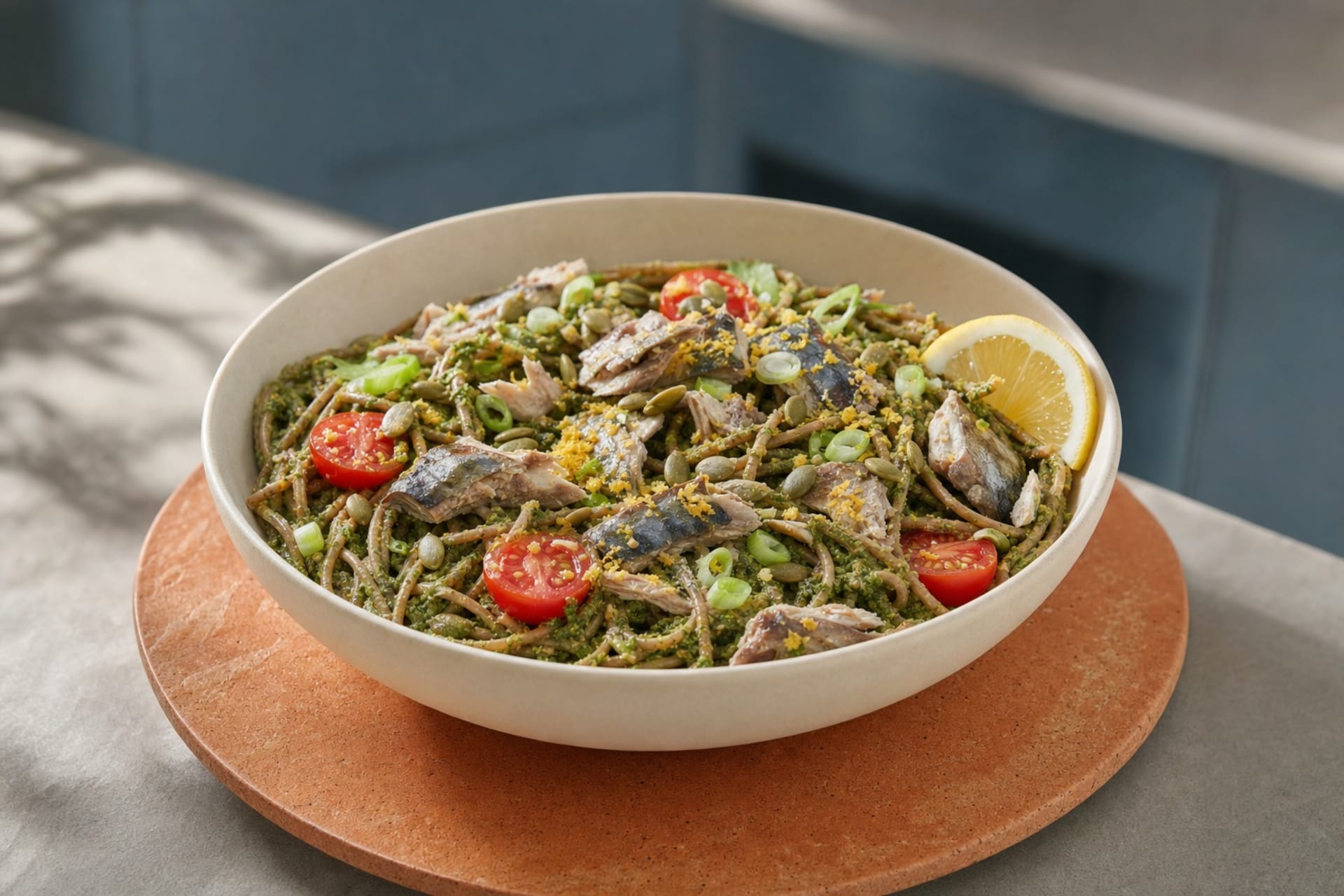 Zitronen-Pasta mit Makrele & Dillpesto