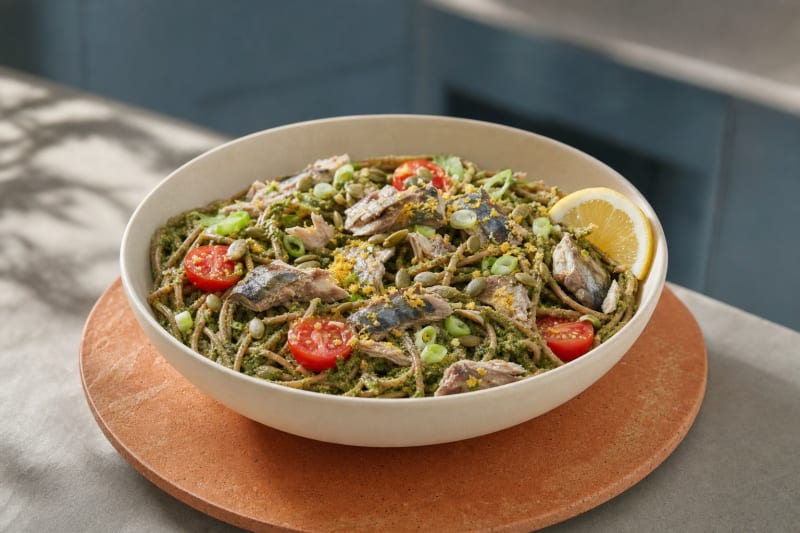 Zitronen-Pasta mit Makrele & Dillpesto