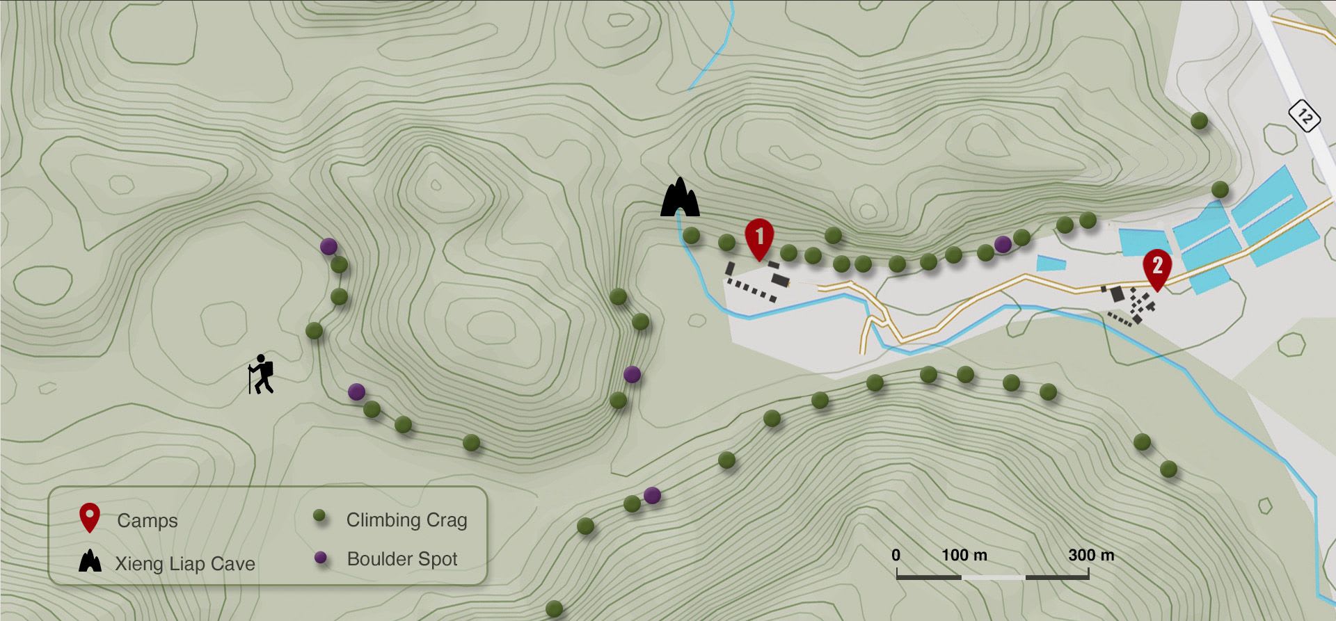 Map of the climbing area and location of the camps