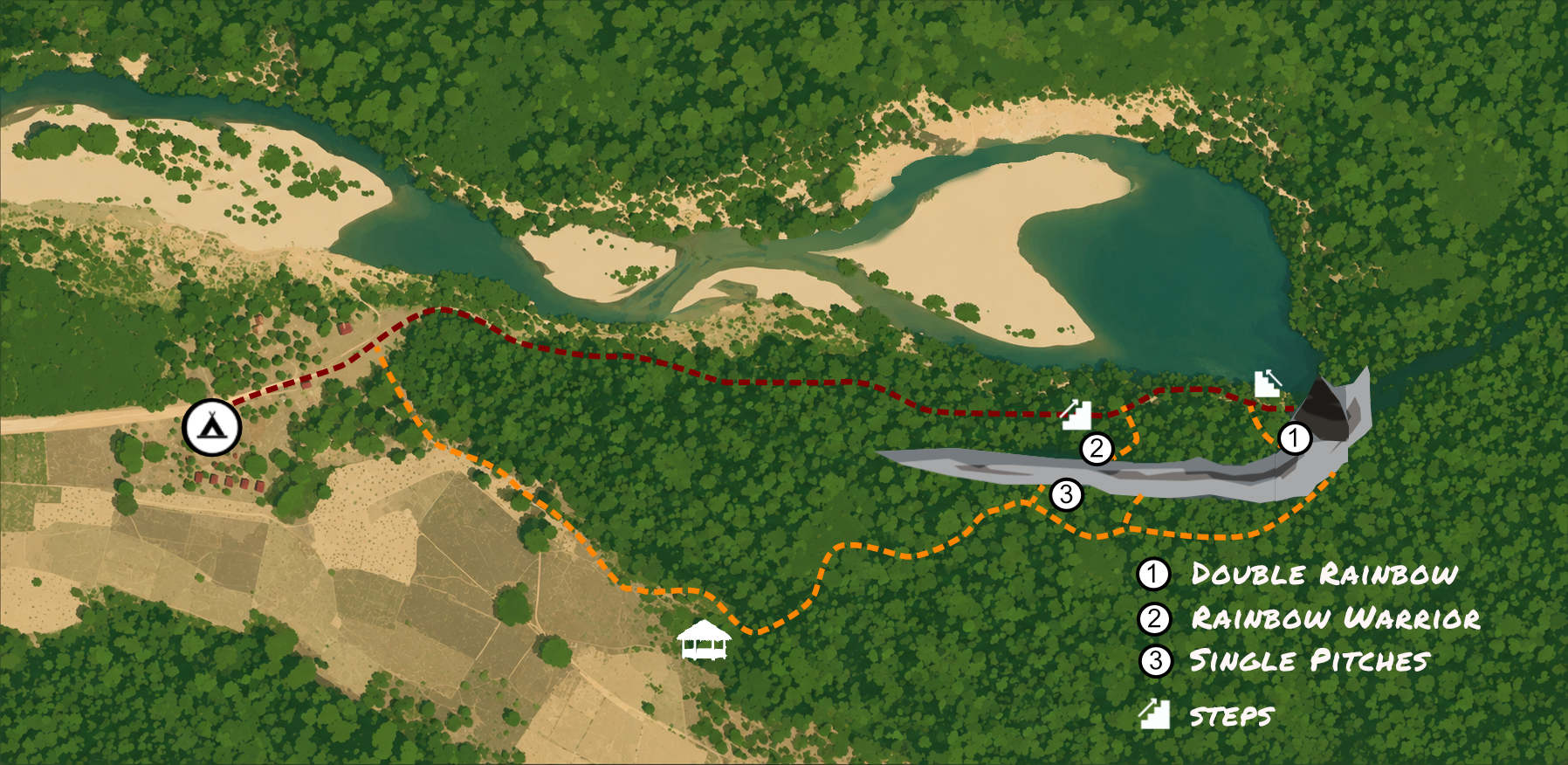 Map showing access to the climbing routes at Xe Bang Fai