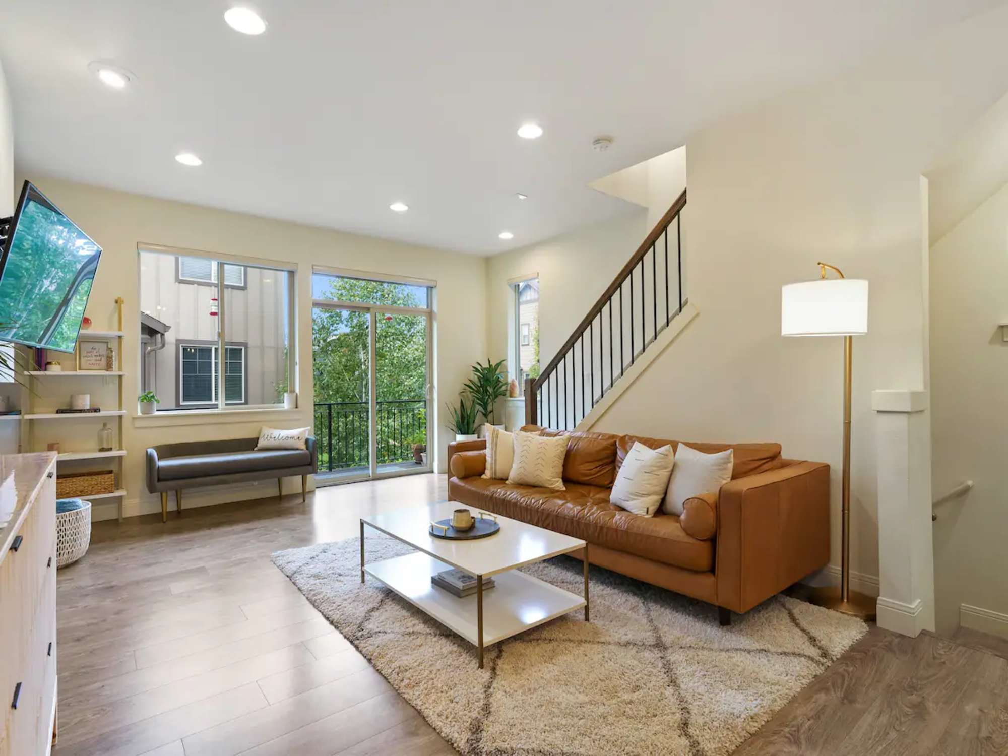 comfortable couches and a TV for presentations