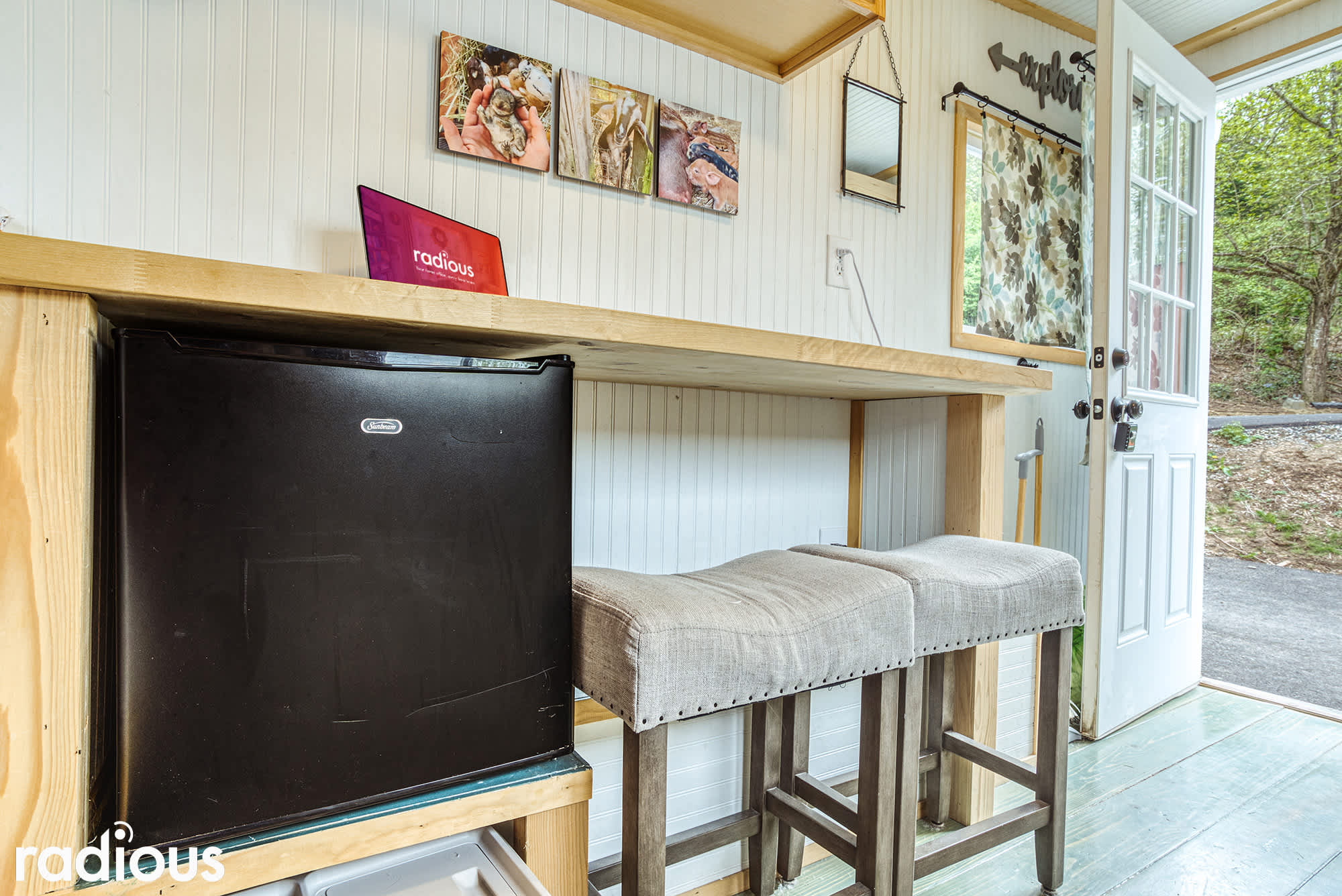 mini fridge, coffee, kitchenette and work desk