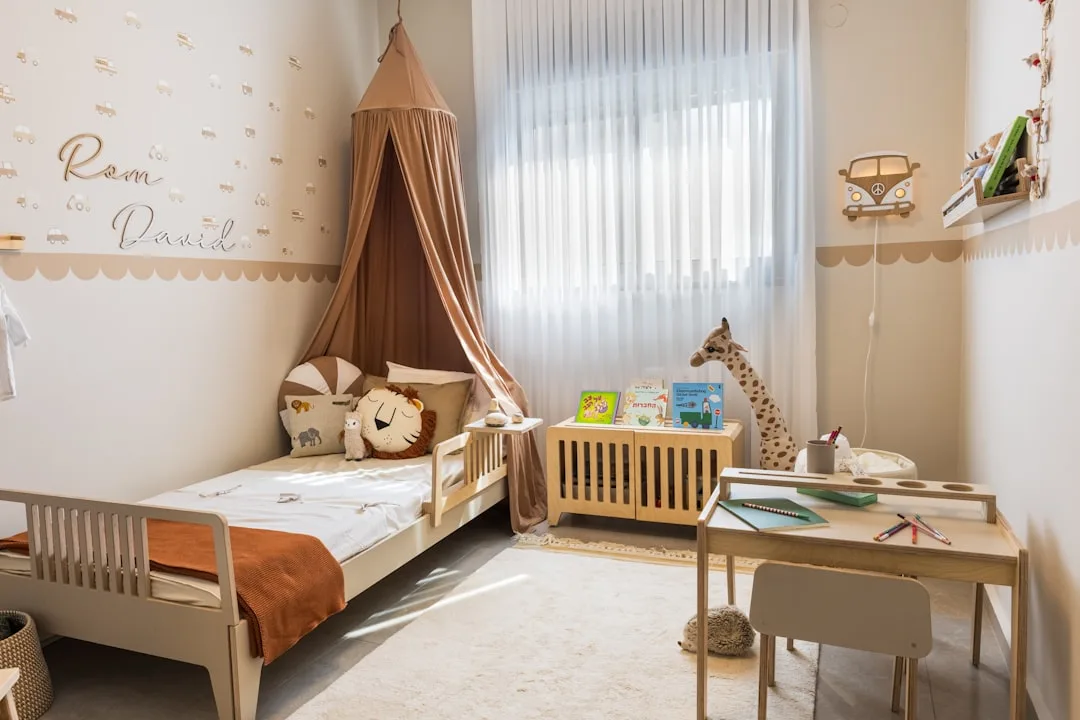 Cozy child's bedroom with bed and desk