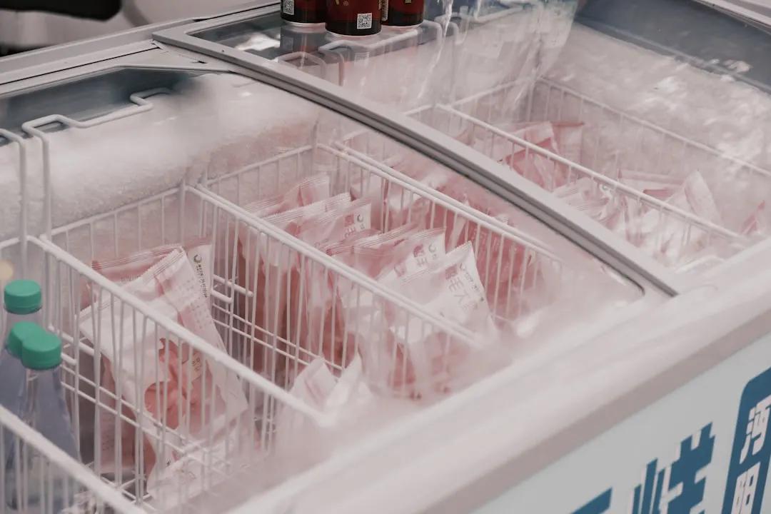 Frozen packaged meat in a supermarket freezer