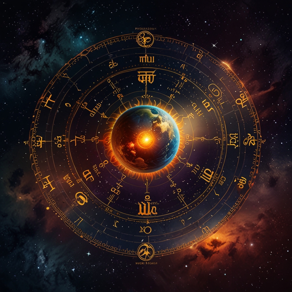 Professional astrologer in meditation pose with cosmic background
