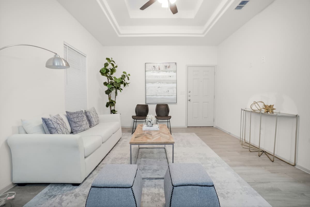 Sugar Mills living room with tray ceiling detail and entry console