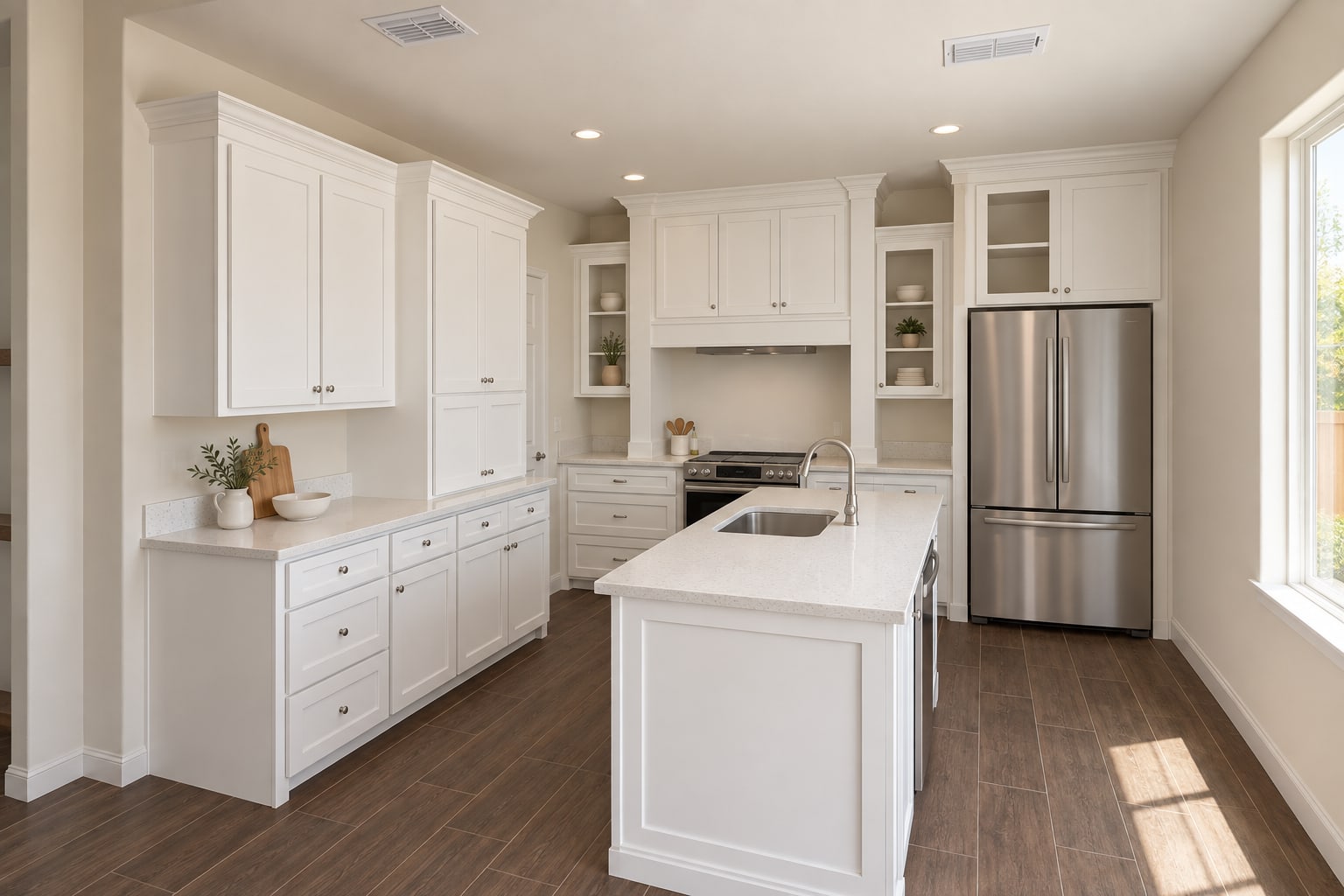 Rendering of the 433 Padre kitchen with Alabaster cabinets and island, Pebble White quartz, nickel hardware and Denmark Dark Brown wood-look tile floors.