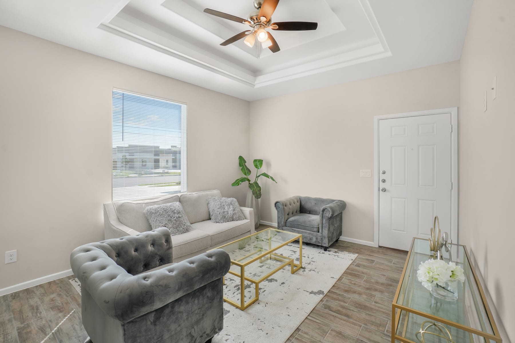 Bright and open El Dorado living room with tray ceiling detail and staging