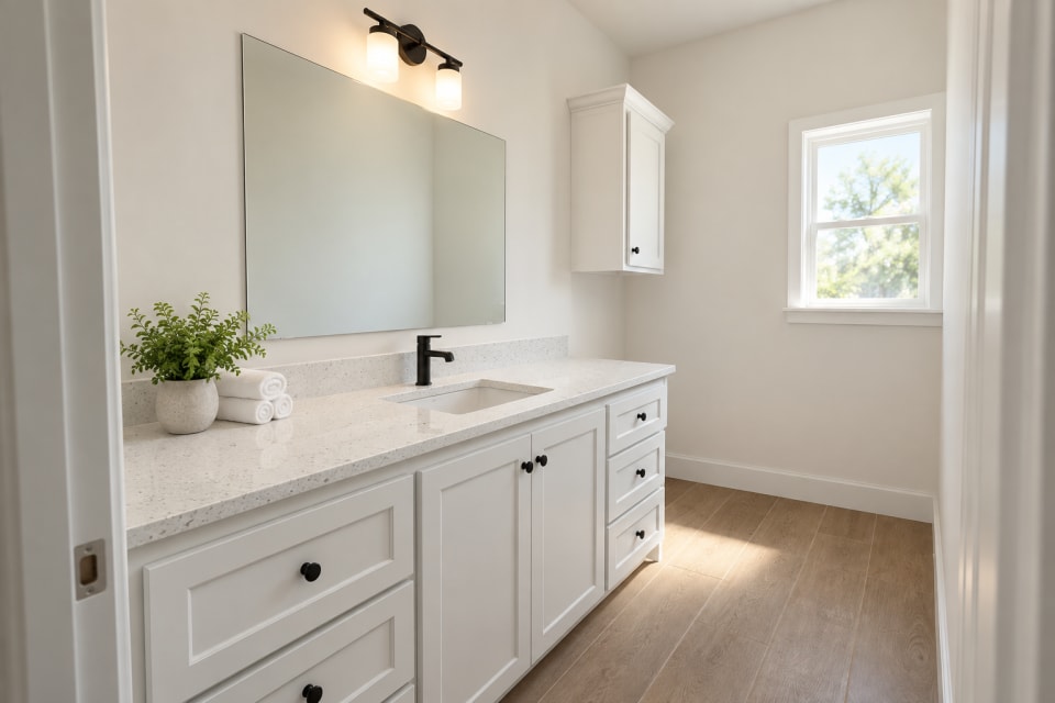 Rendering of the 431 Padre hall bath with a white vanity, Pebble White quartz, a frameless mirror, black faucet and knobs, and wood-look tile floors.